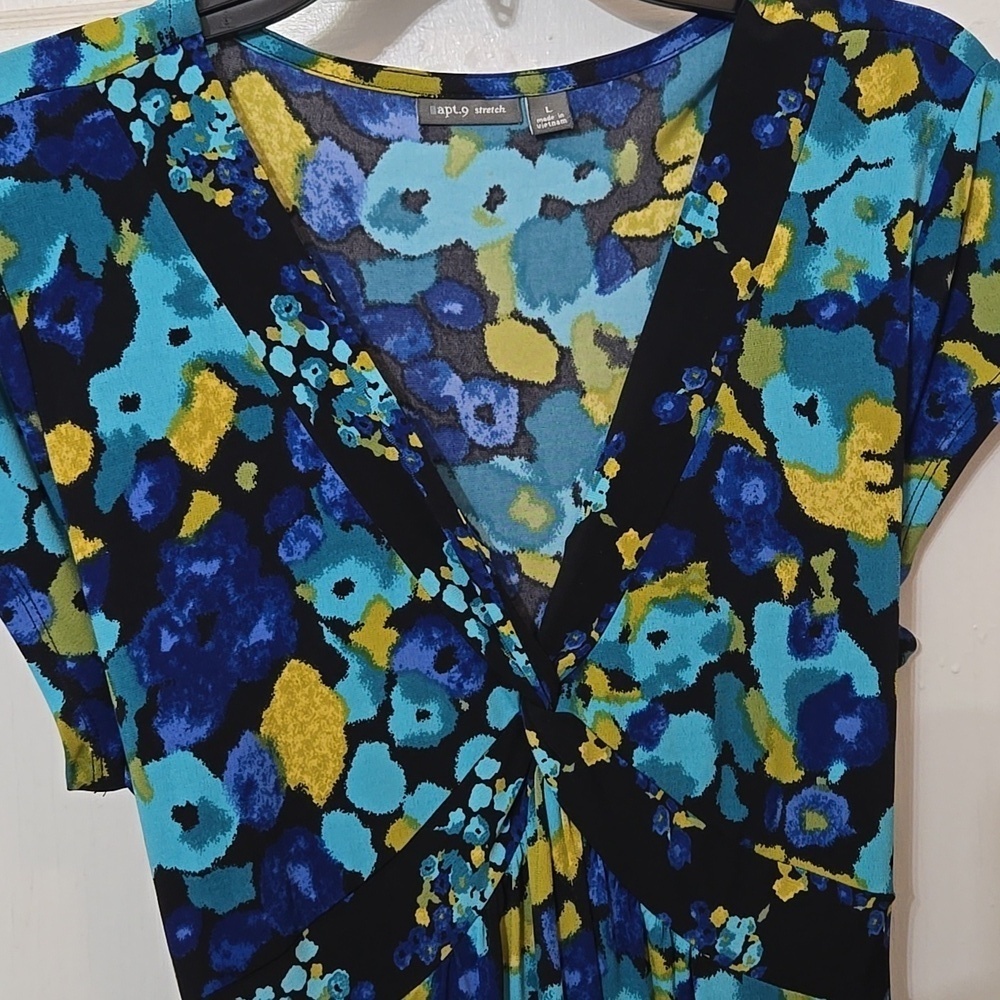APT 9 STRETCH Rayon Floral Blue BLACK and GOLD Women's Dress Very Good Condition - Picture 4 of 8